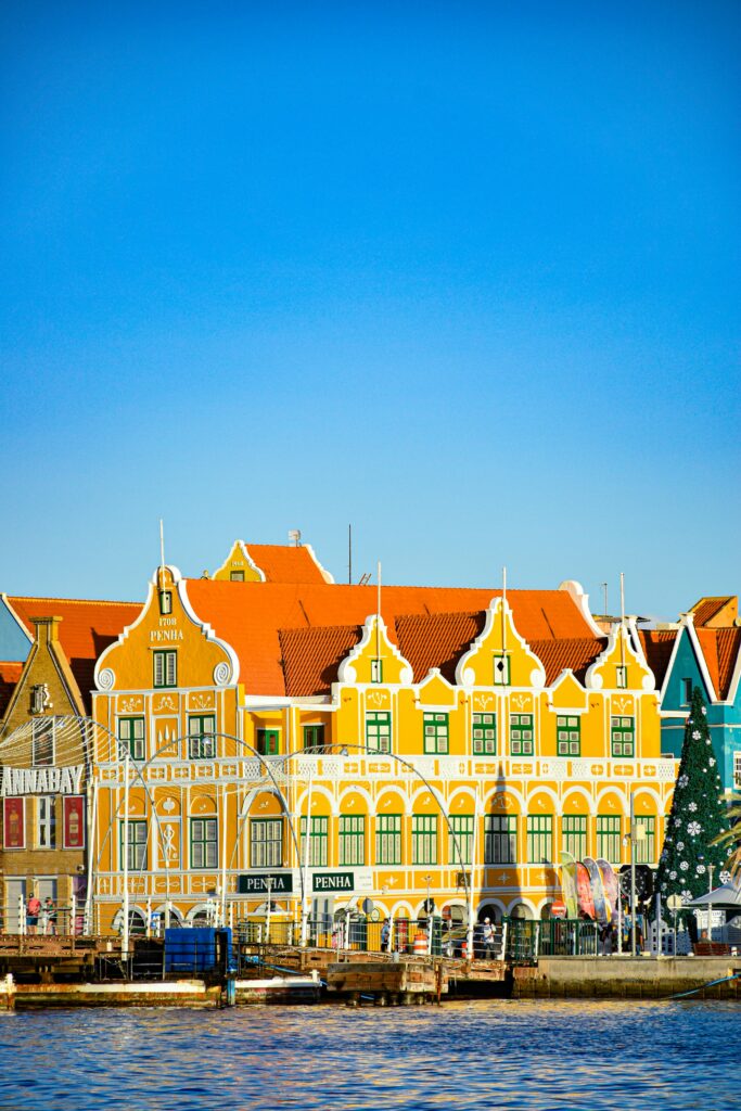 Vibrant photo of Dutch Colonial architecture along the waterfront in Curacao.